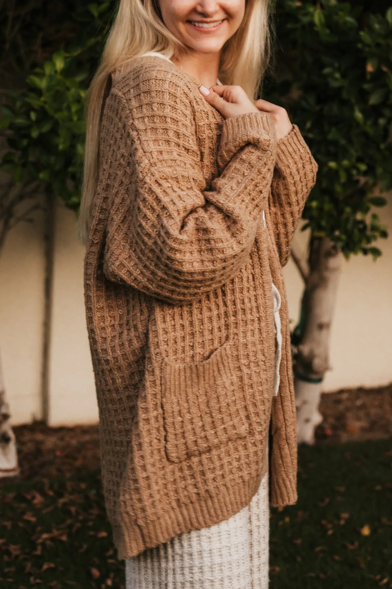 Northern Waffle Knit Open Front Cardigan in Camel