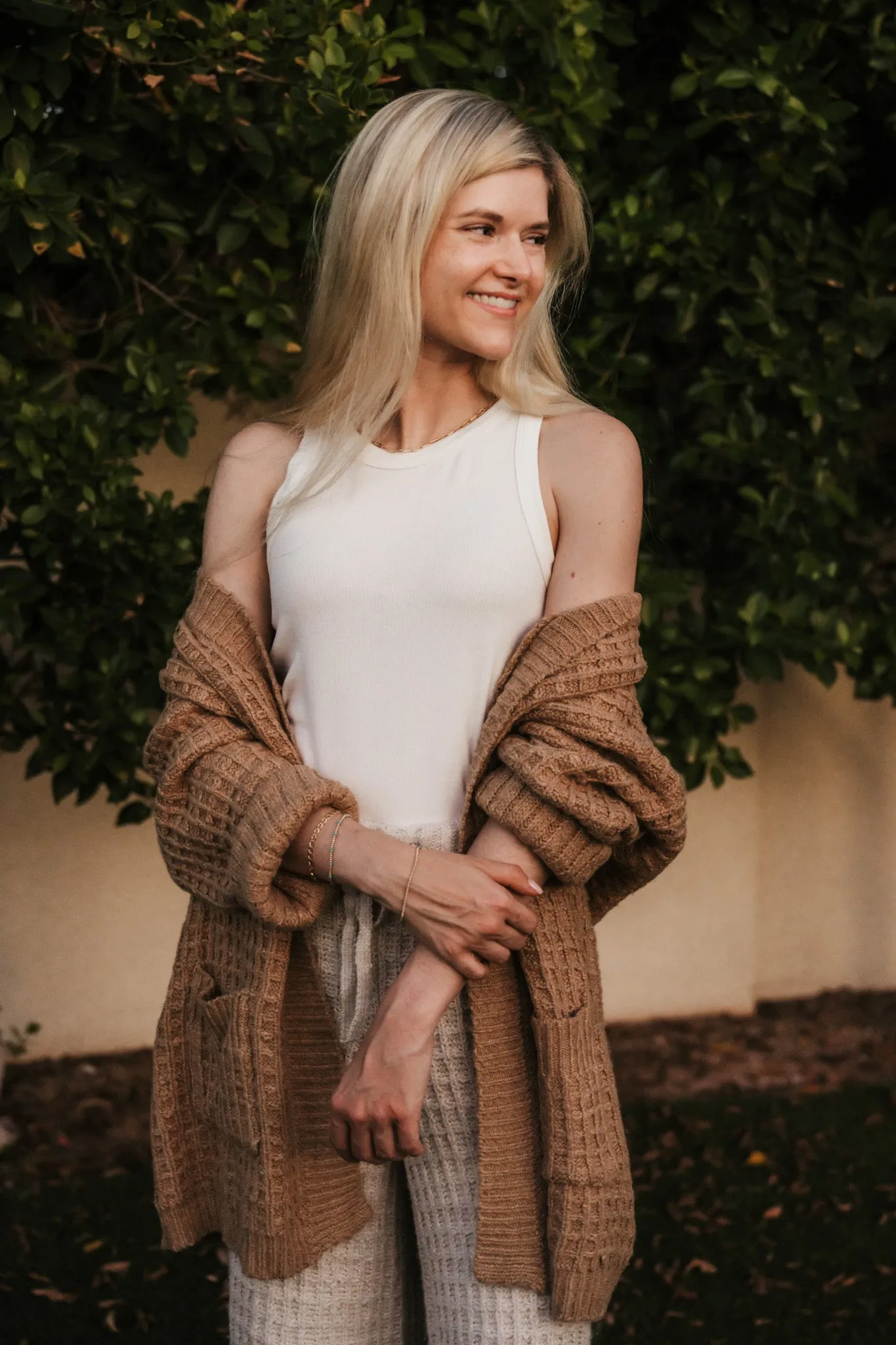 Northern Waffle Knit Open Front Cardigan in Camel