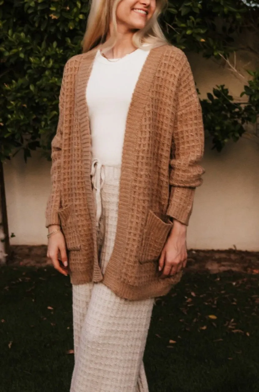 Northern Waffle Knit Open Front Cardigan in Camel