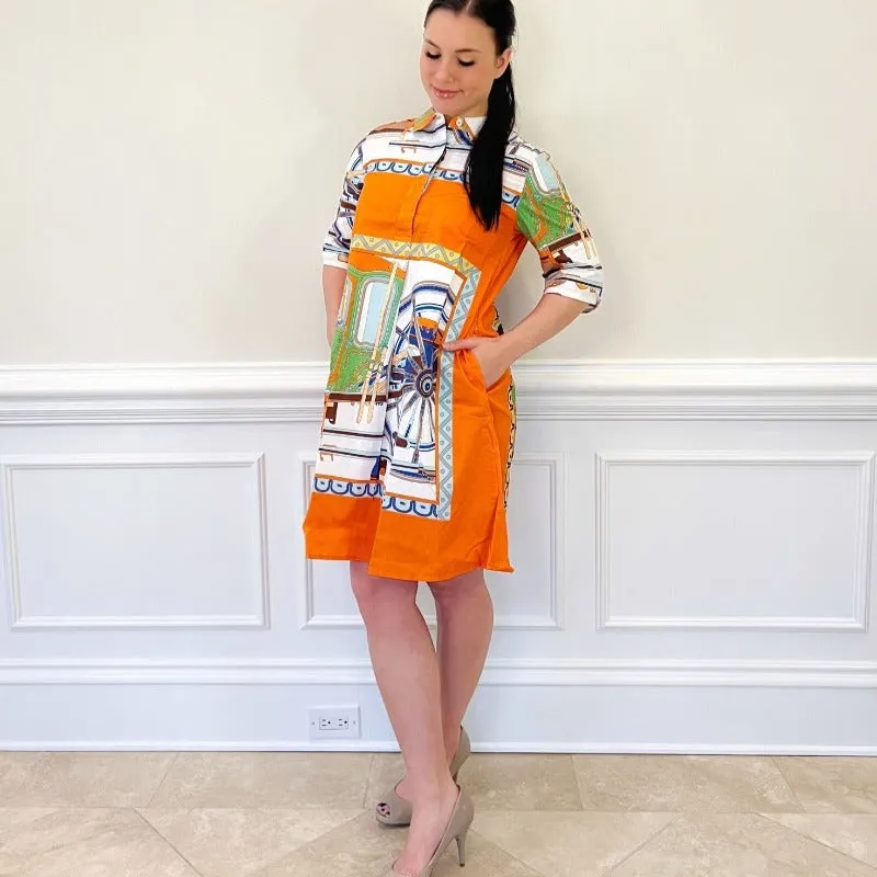 Orange and Green Wagon Wheel Print Dress