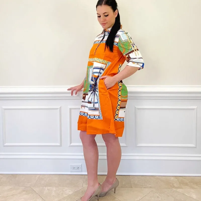 Orange and Green Wagon Wheel Print Dress