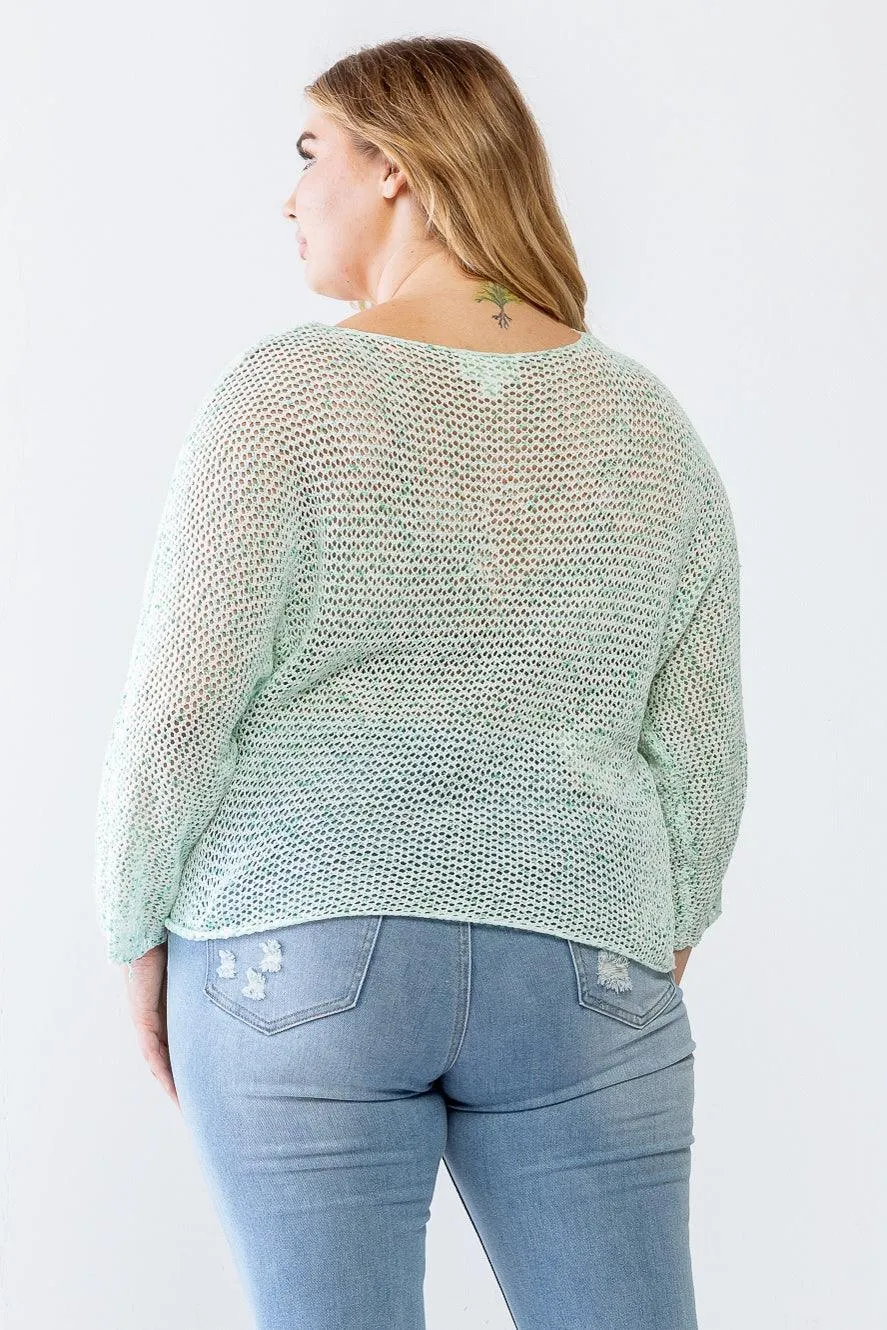 Plus Size Breezy Mint Open-Knit Sweater /3-2-1