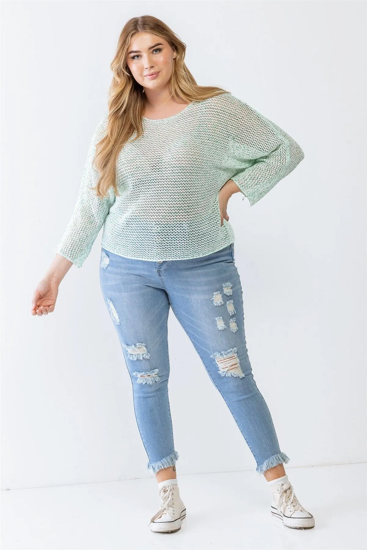 Plus Size Breezy Mint Open-Knit Sweater /3-2-1