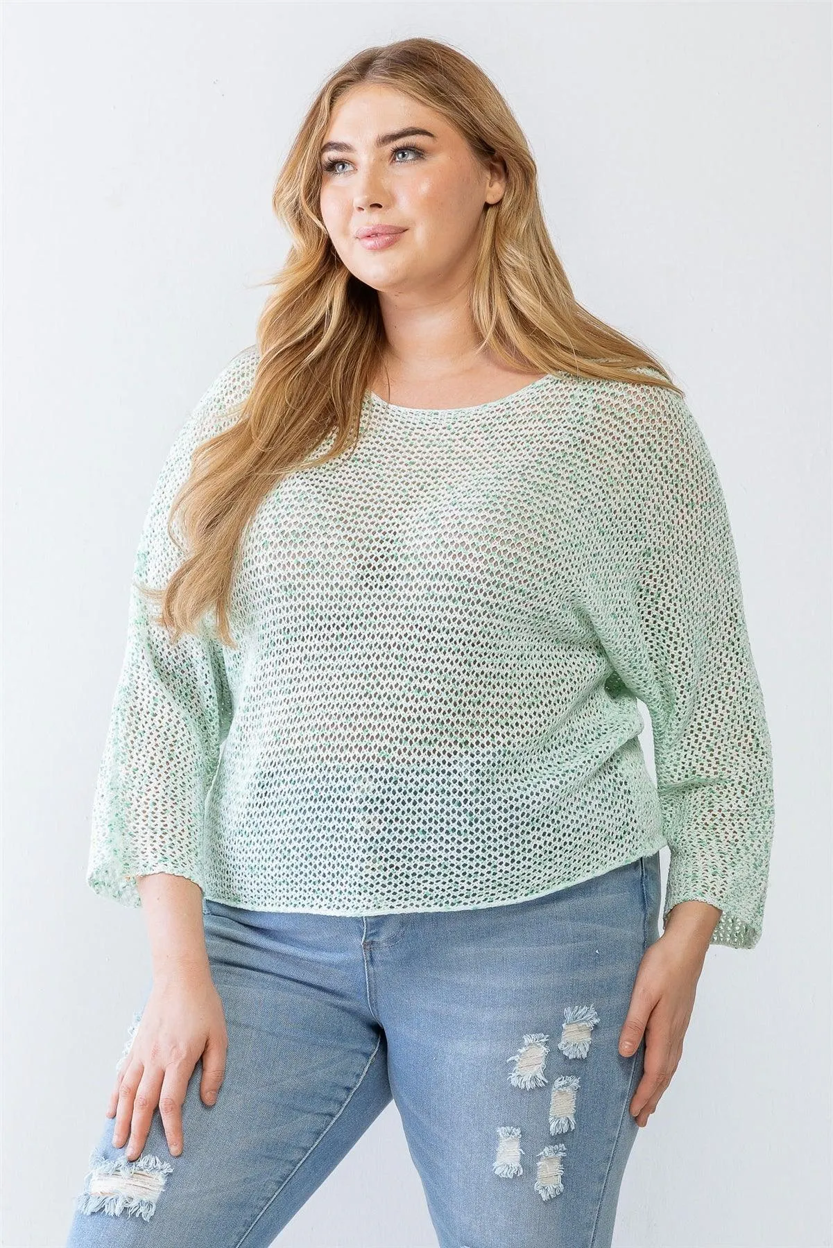 Plus Size Breezy Mint Open-Knit Sweater /3-2-1