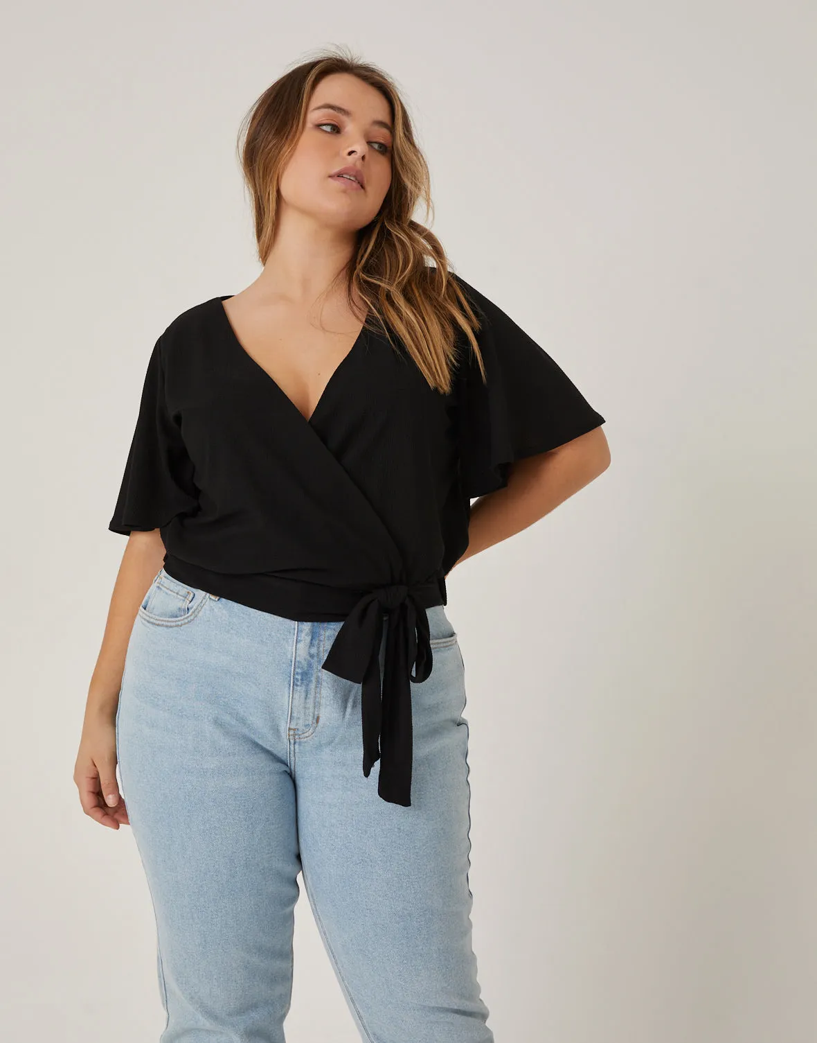 Plus Size Faux Wrap Knit Top