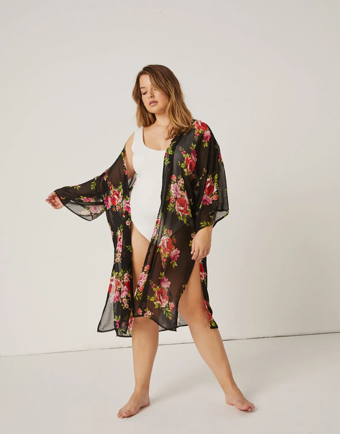 Plus Size Floral Printed Mesh Cardigan