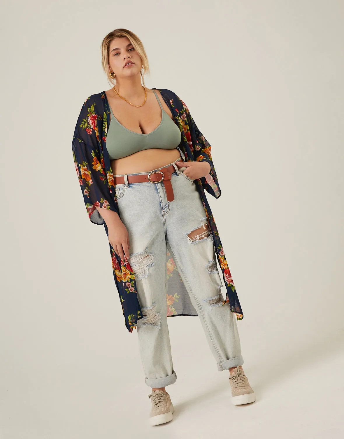 Plus Size Floral Printed Mesh Cardigan