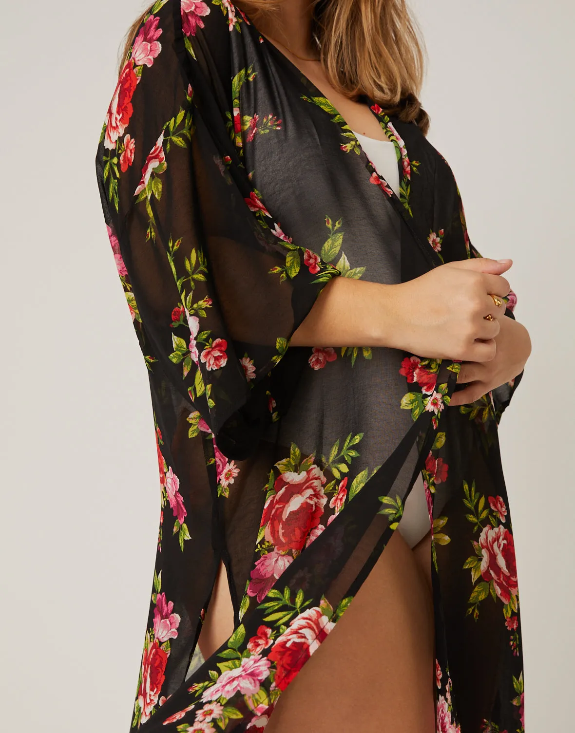 Plus Size Floral Printed Mesh Cardigan