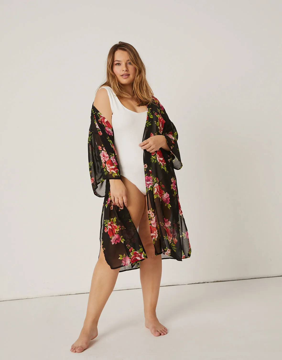 Plus Size Floral Printed Mesh Cardigan