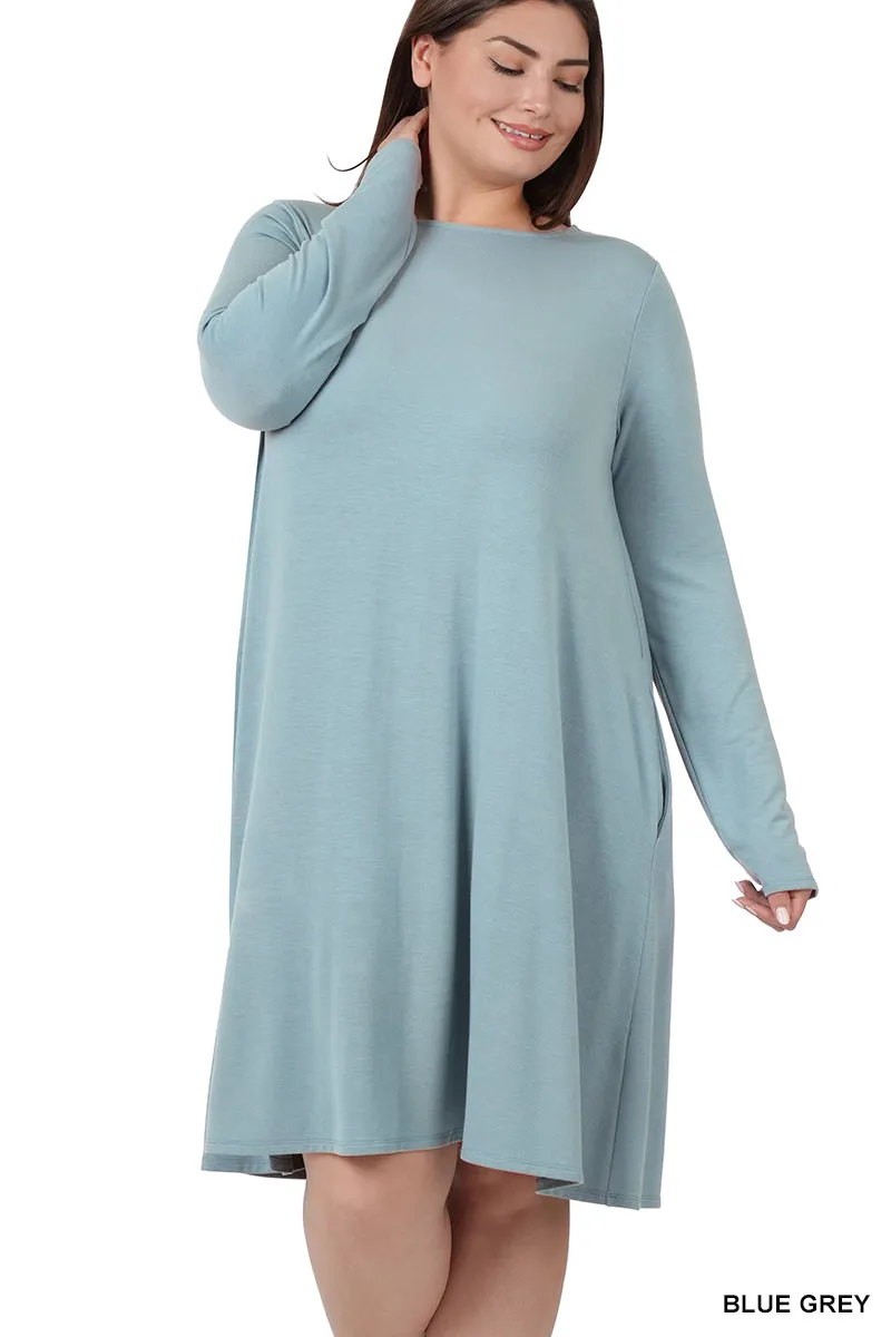 Plus Size Long Sleeve Jersey Flared Swing T-Shirt Tunic Dress with Side Pockets