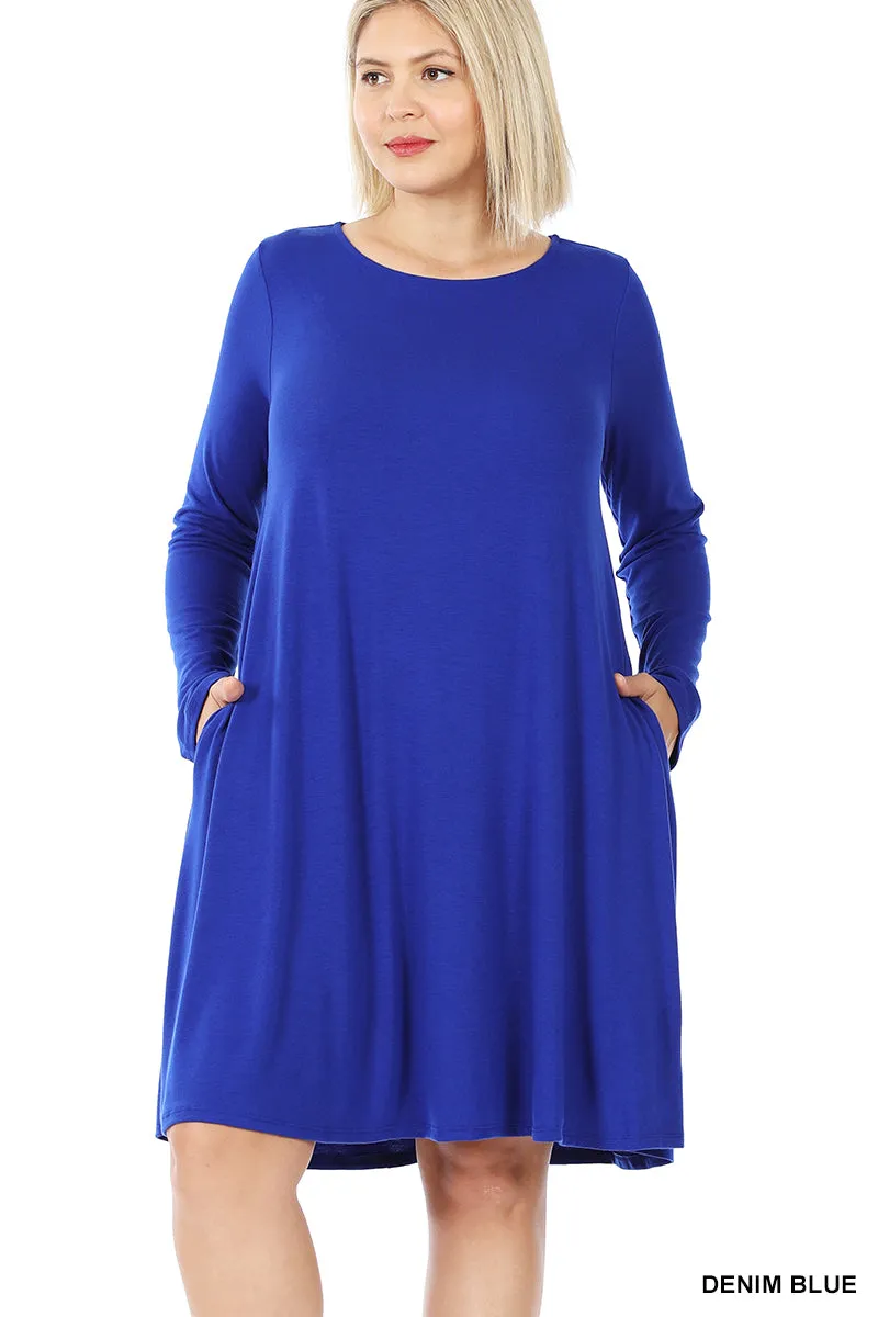 Plus Size Long Sleeve Jersey Flared Swing T-Shirt Tunic Dress with Side Pockets