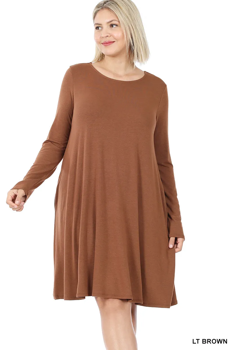 Plus Size Long Sleeve Jersey Flared Swing T-Shirt Tunic Dress with Side Pockets