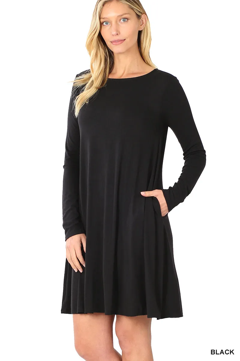 Plus Size Long Sleeve Jersey Flared Swing T-Shirt Tunic Dress with Side Pockets