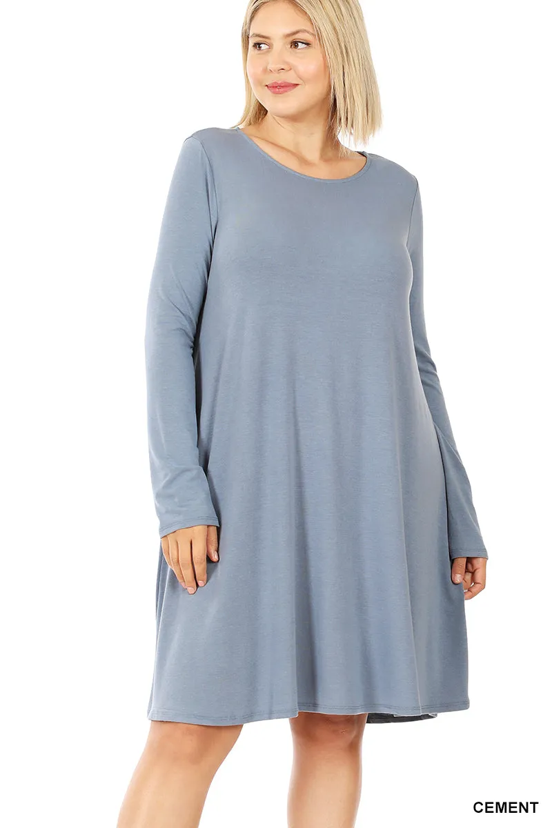 Plus Size Long Sleeve Jersey Flared Swing T-Shirt Tunic Dress with Side Pockets