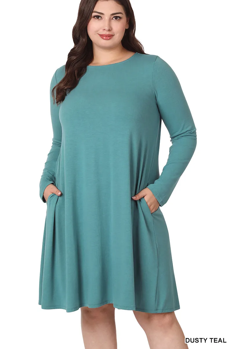 Plus Size Long Sleeve Jersey Flared Swing T-Shirt Tunic Dress with Side Pockets