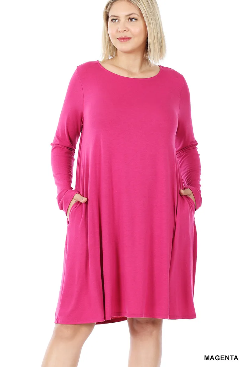 Plus Size Long Sleeve Jersey Flared Swing T-Shirt Tunic Dress with Side Pockets