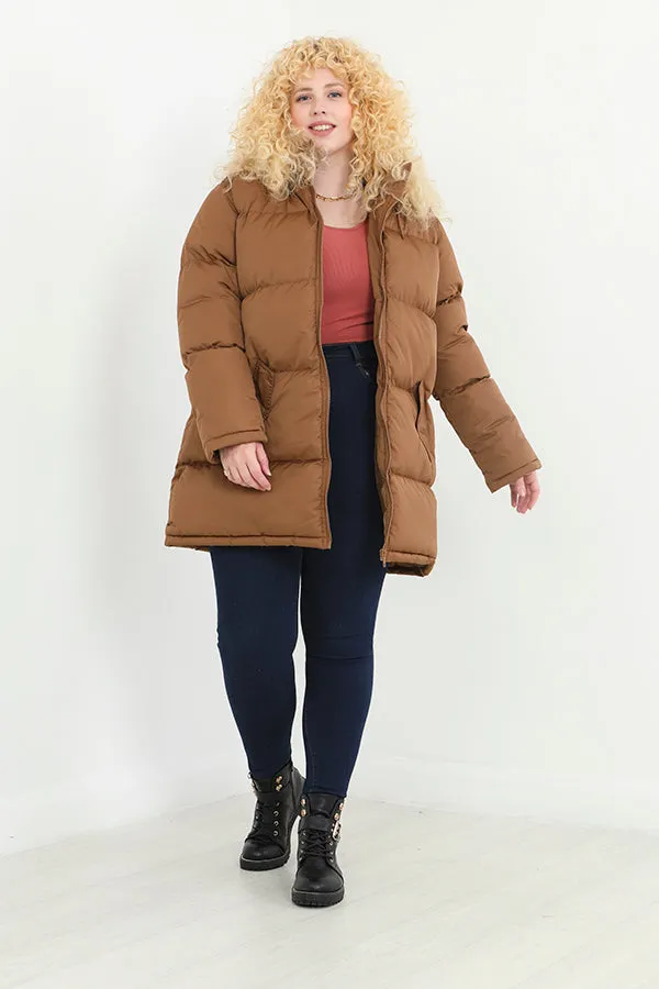 PLUS SIZE TOFFEE LONGLINE PADDED HOODED COAT