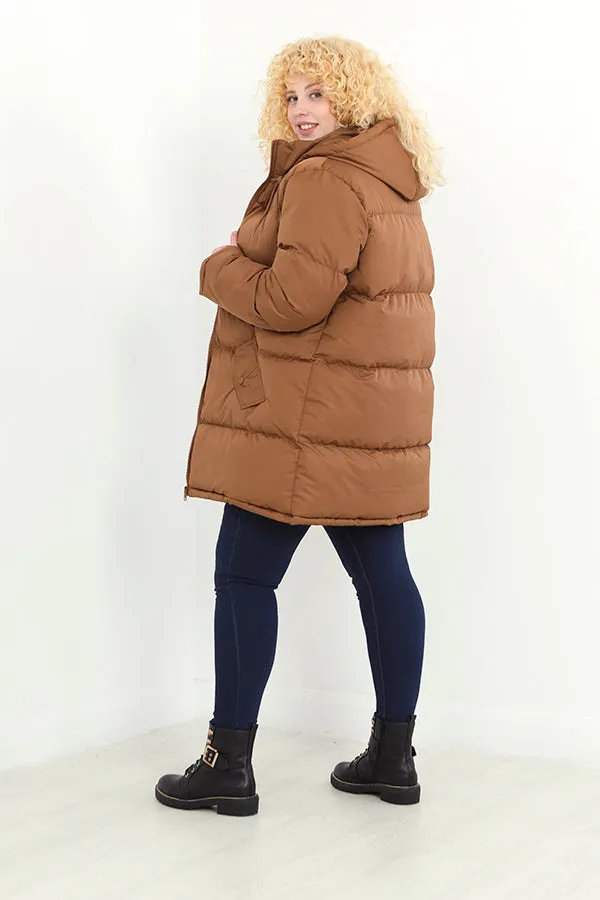 PLUS SIZE TOFFEE LONGLINE PADDED HOODED COAT