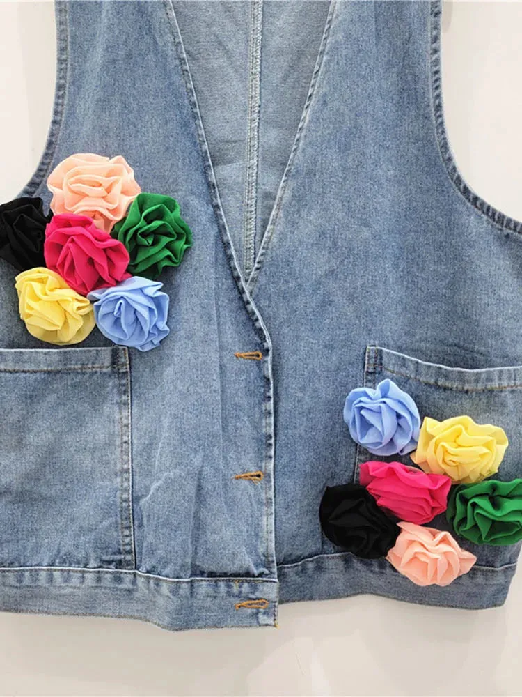 Pre Order:  Denim Waistcoat Spliced Flowers Loose Vest