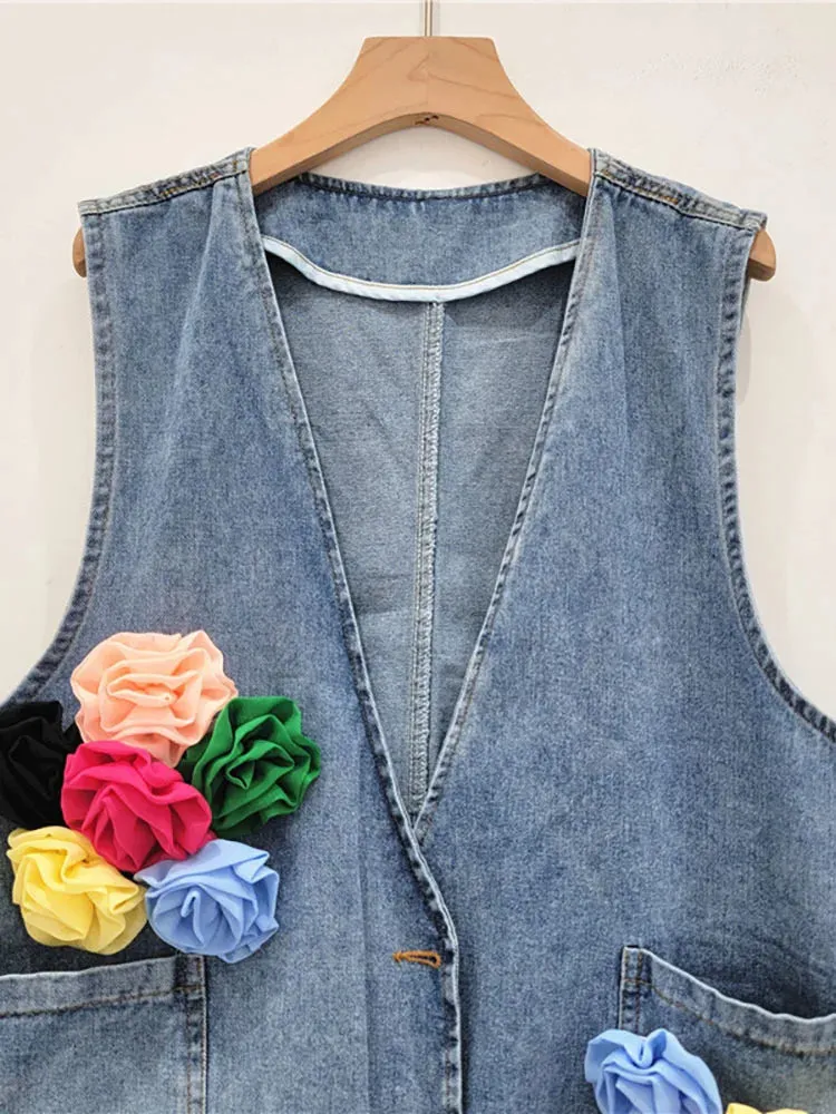 Pre Order:  Denim Waistcoat Spliced Flowers Loose Vest