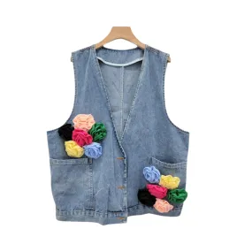 Pre Order:  Denim Waistcoat Spliced Flowers Loose Vest