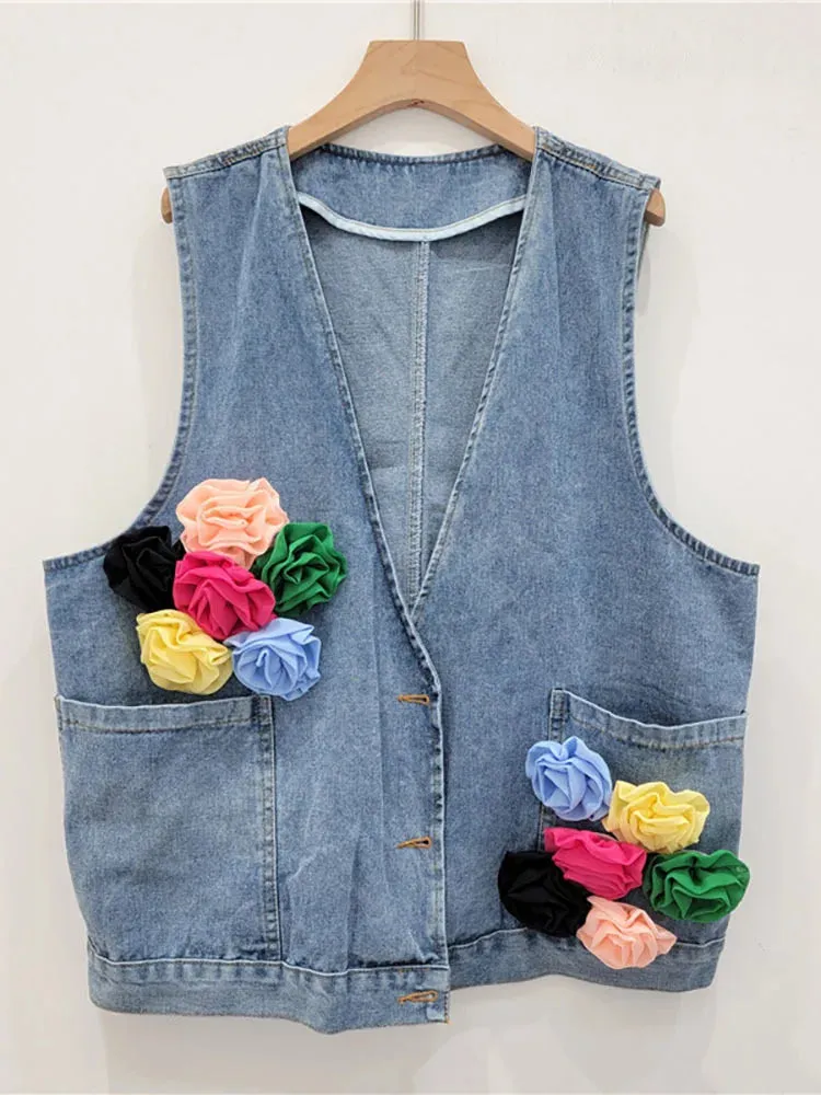 Pre Order:  Denim Waistcoat Spliced Flowers Loose Vest