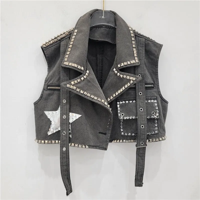 Pre Order: Rivet Studded Five Pointed Star Denim Vest