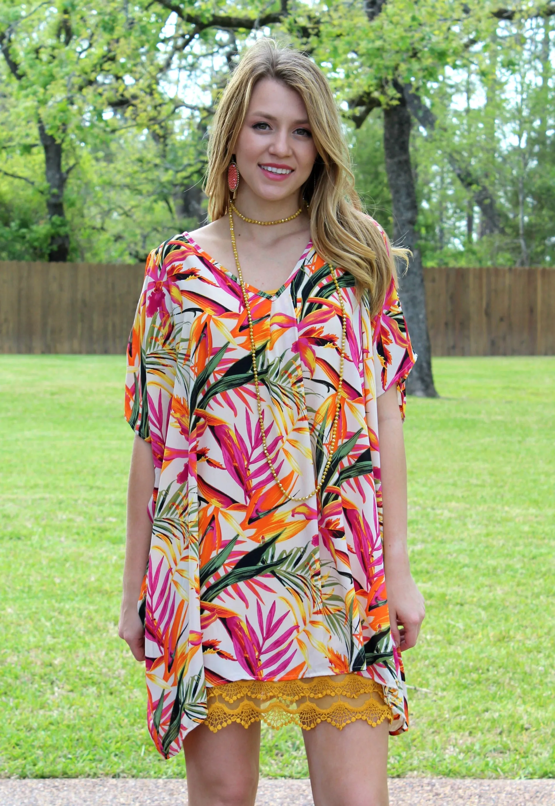 Pretty Little Thing Sheer Open Shoulder Tunic in Tropical Palm (Oversized)