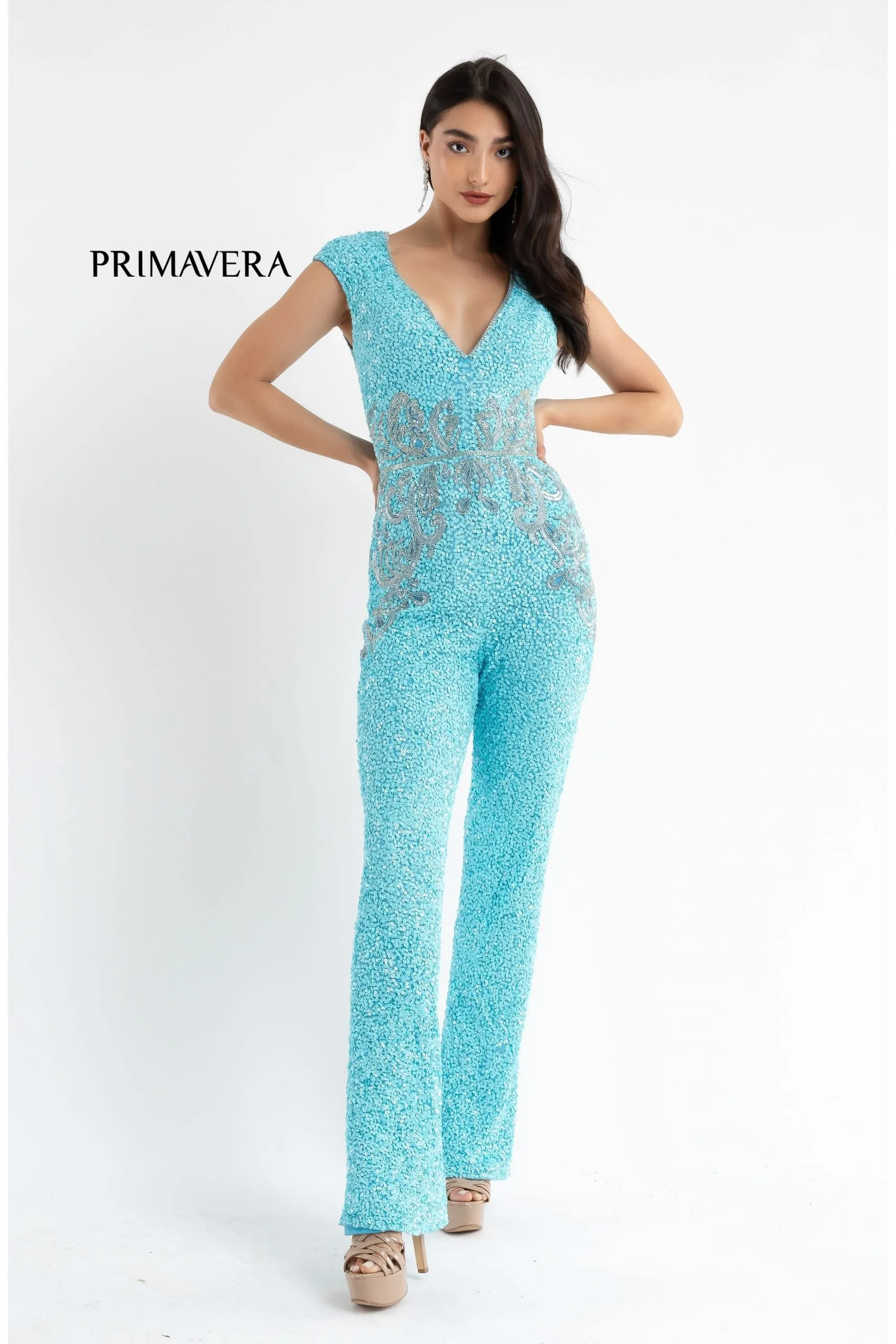 Primavera Couture 3775 Size 12 Turquoise Sequined Jumpsuit Beaded Waist and Hips Cap Sleeves