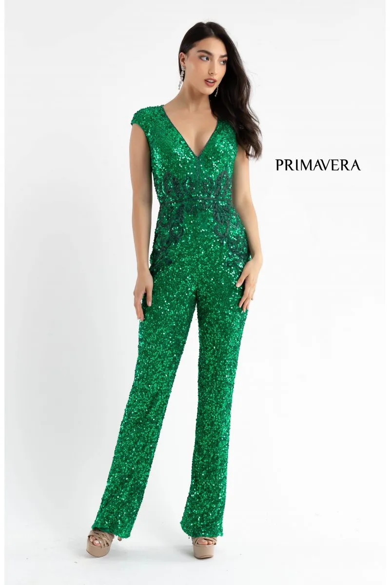 Primavera Couture 3775 Size 12 Turquoise Sequined Jumpsuit Beaded Waist and Hips Cap Sleeves