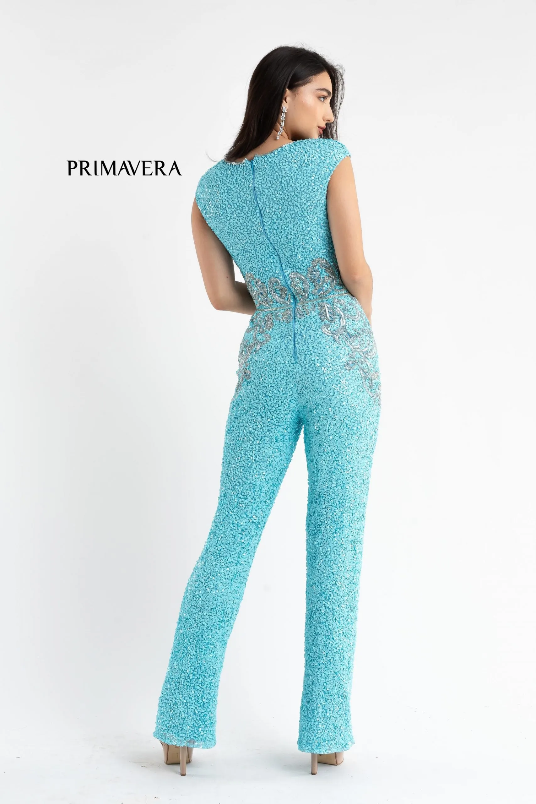 Primavera Couture 3775 Size 12 Turquoise Sequined Jumpsuit Beaded Waist and Hips Cap Sleeves