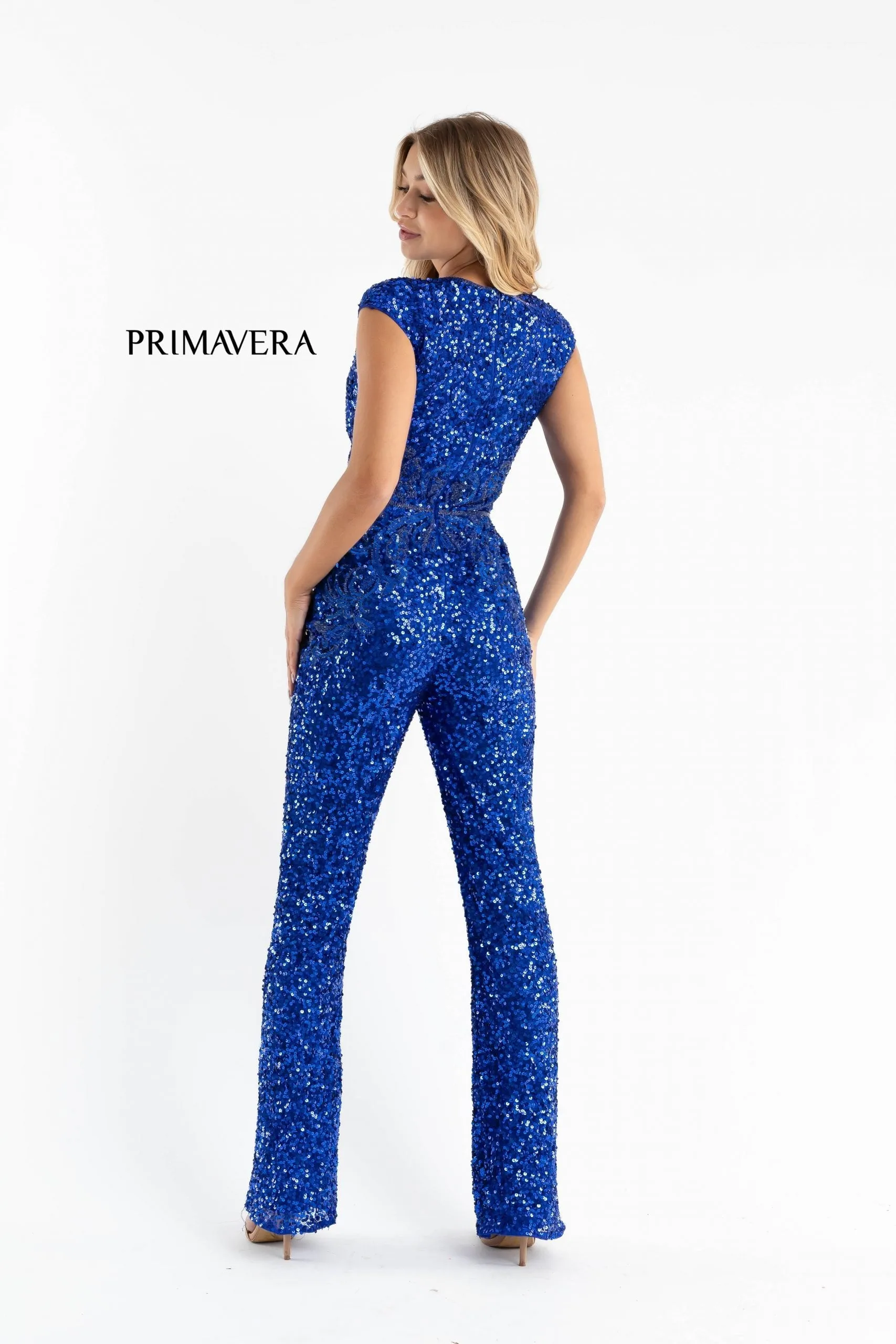 Primavera Couture 3775 Size 12 Turquoise Sequined Jumpsuit Beaded Waist and Hips Cap Sleeves