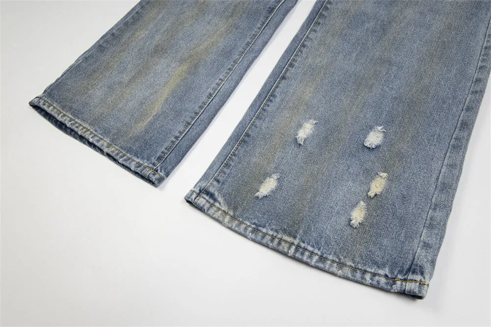 Punk Make Old Ripped Letter Denim Trousers Men