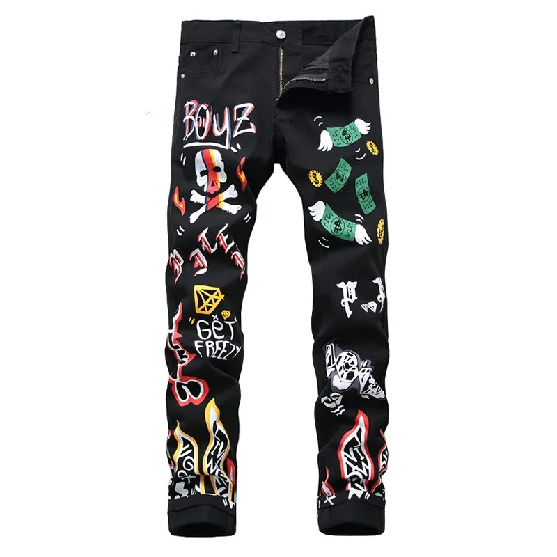 Punk Style Full Prints Men Straight Cut Jeans