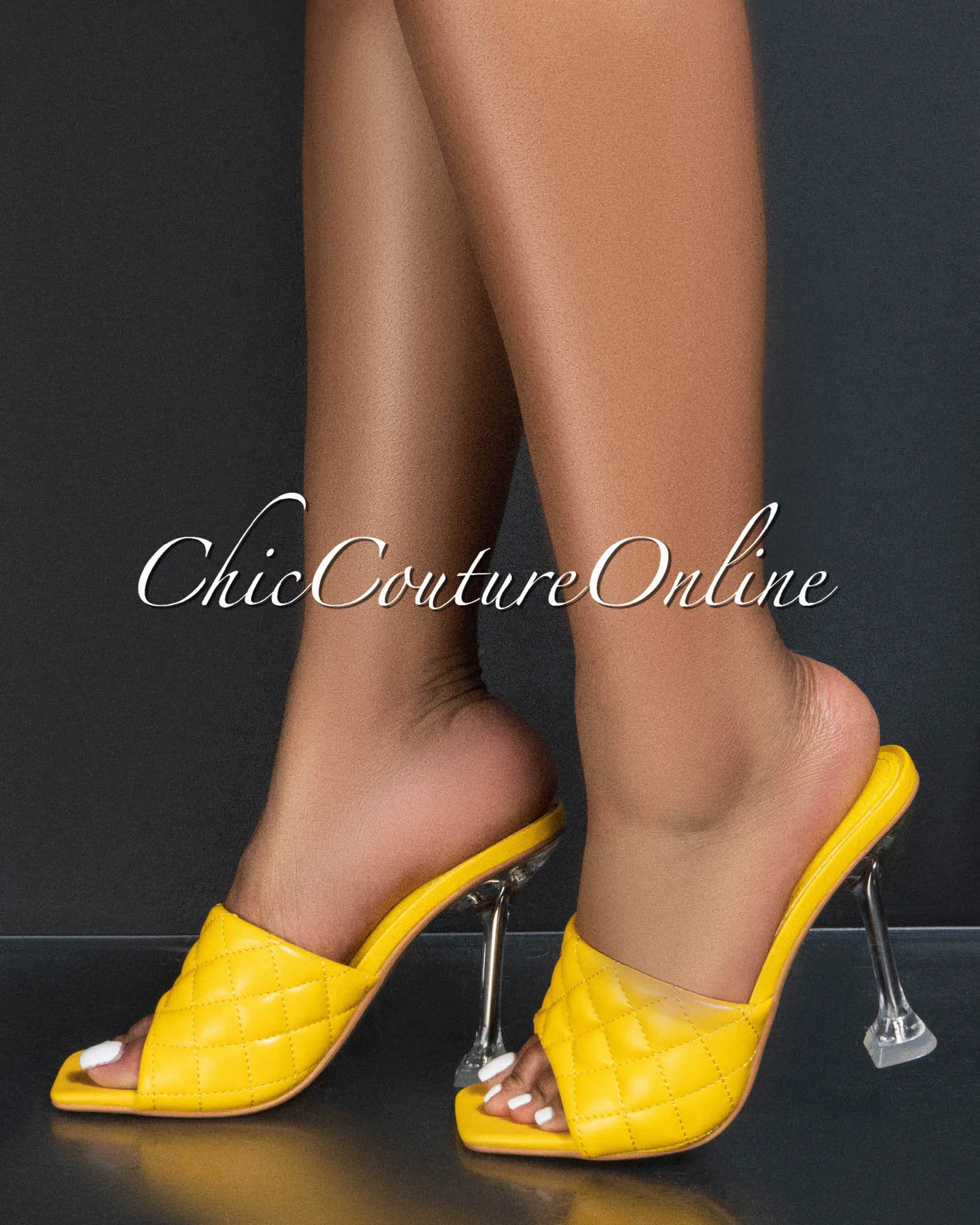 *Rafa Yellow Quilted Upper Square Toe Clear Heels