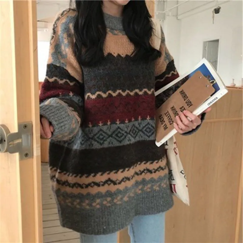 Retro Color Block Stripe Chunky Knitted Jumper Colored Knitwear Sweater