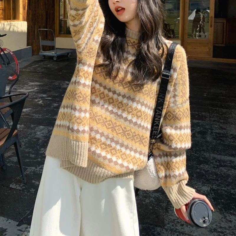 Retro Color Block Stripe Chunky Knitted Jumper Colored Knitwear Sweater