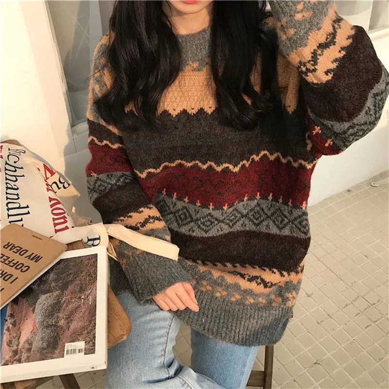 Retro Color Block Stripe Chunky Knitted Jumper Colored Knitwear Sweater