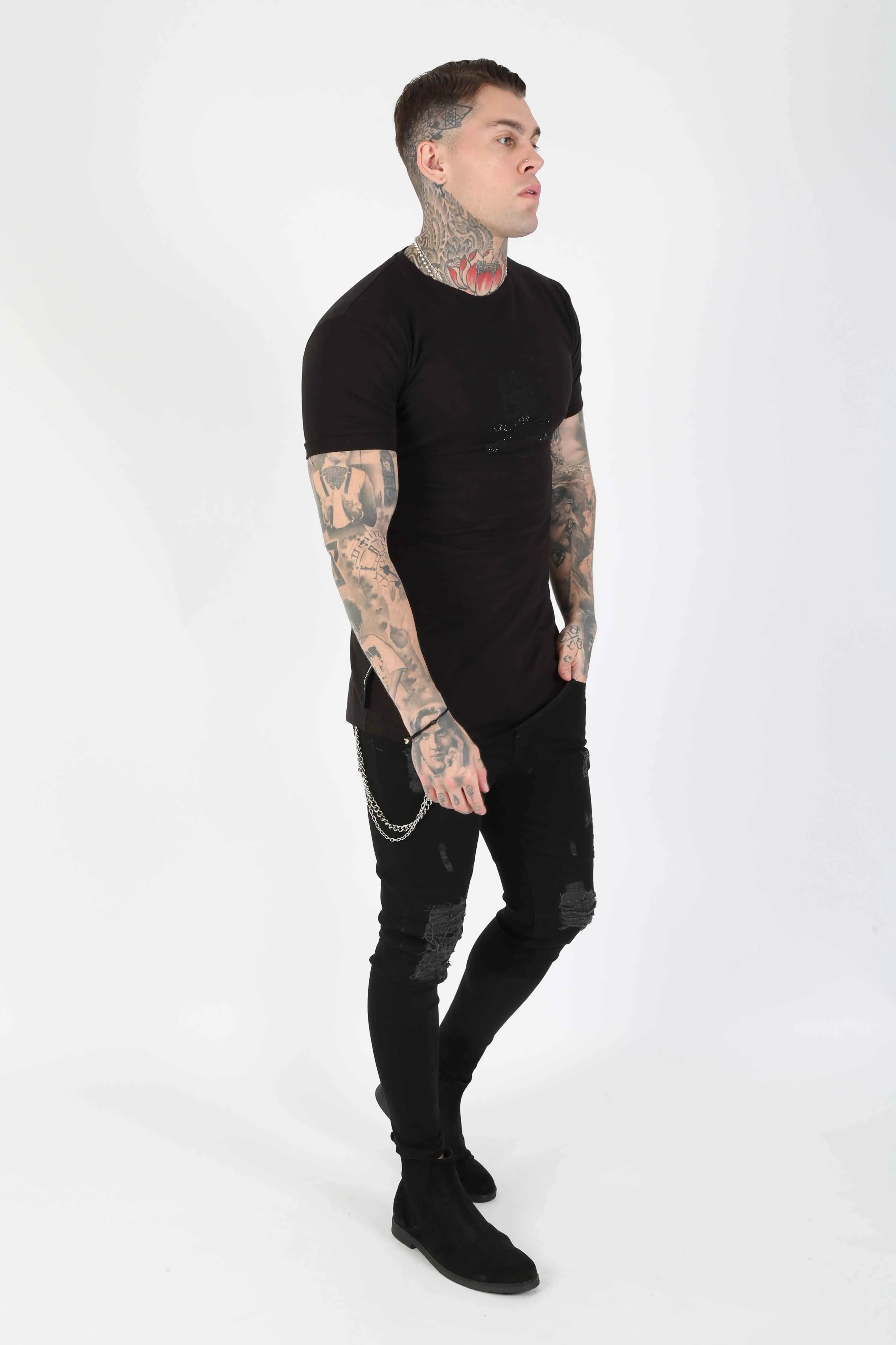 Ripped Chain Detail Ripped Skinny Jeans - Black