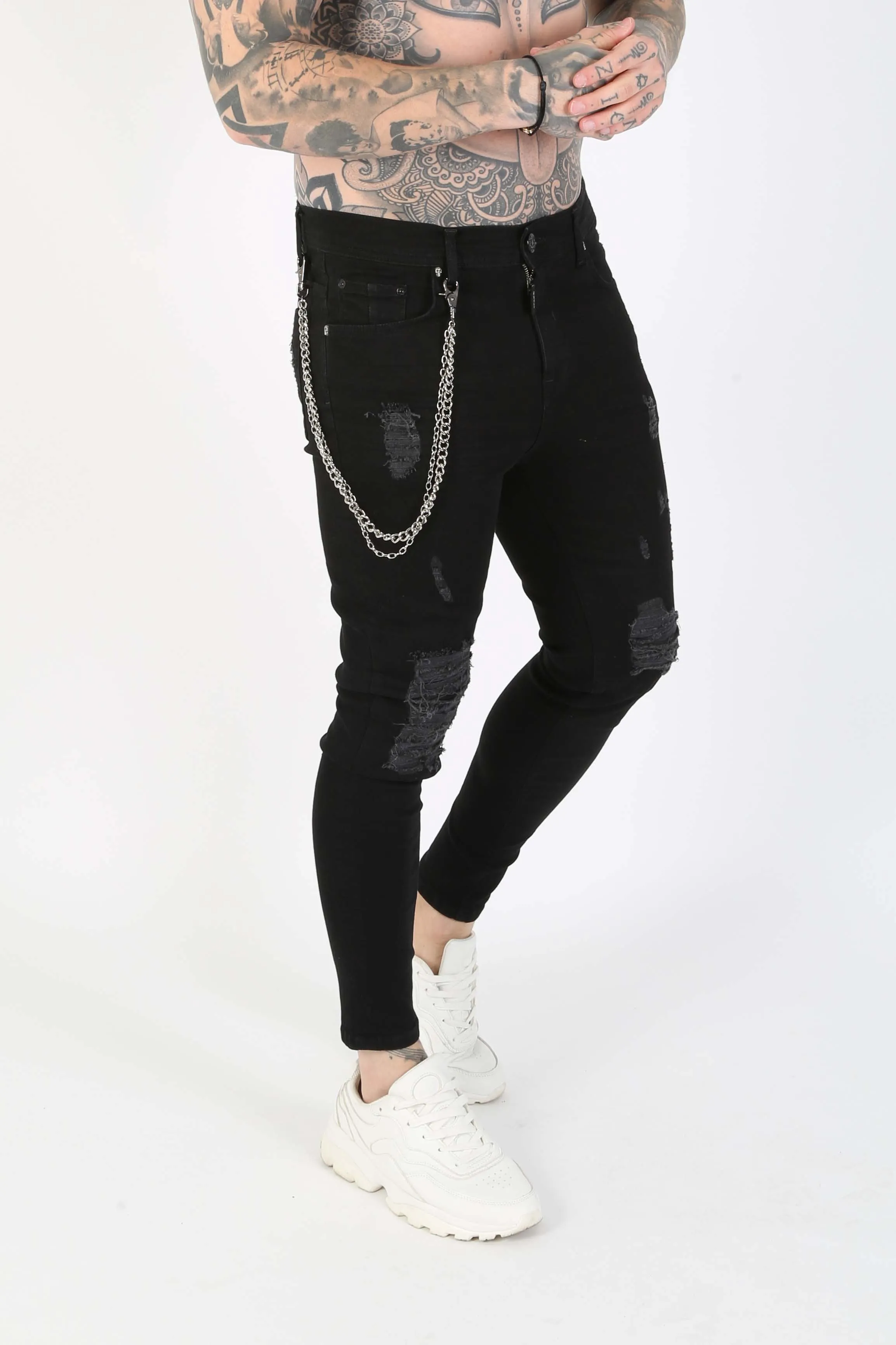 Ripped Chain Detail Ripped Skinny Jeans - Black