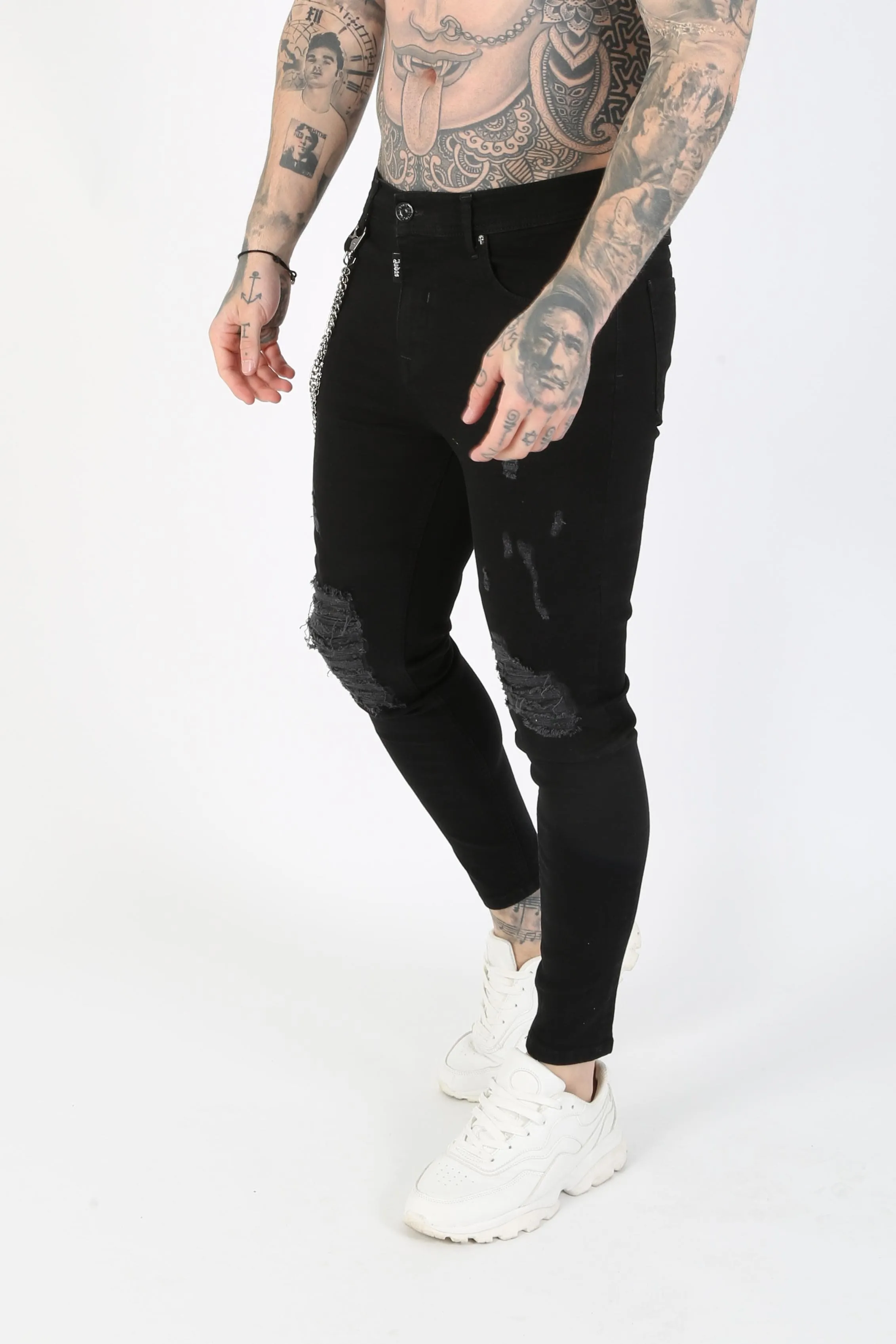 Ripped Chain Detail Ripped Skinny Jeans - Black