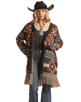 Rock & Roll Cowgirl Women's Black Aztec Fringe Cardigan BW95T02739