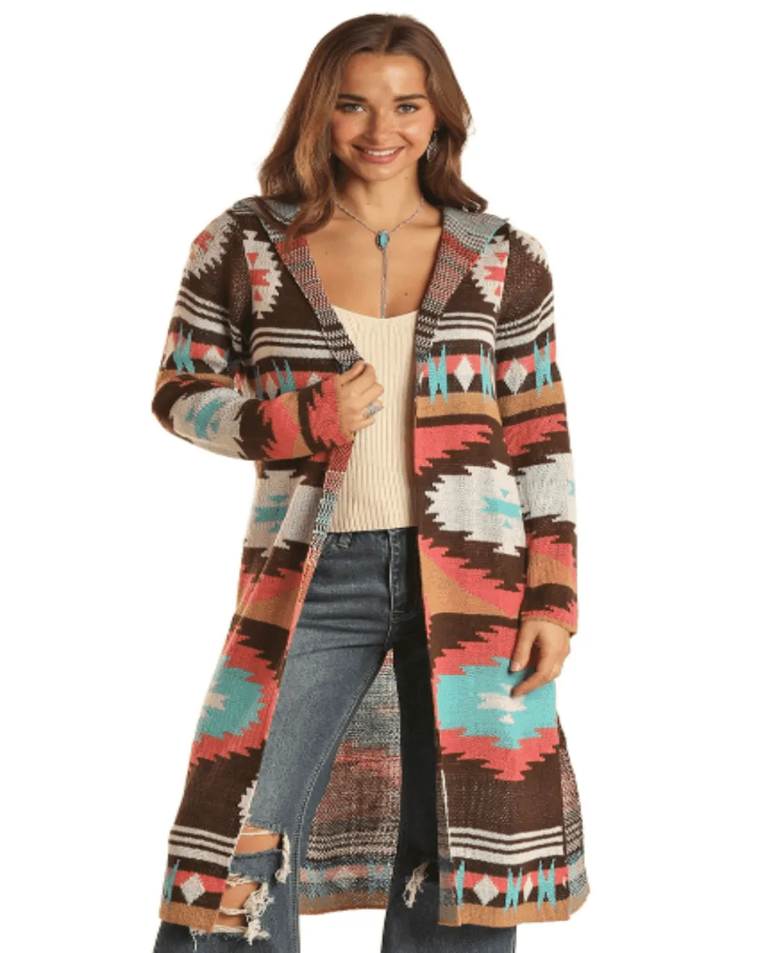 Rock & Roll Cowgirl Women's Chocolate Aztec Cardigan BW95T02022