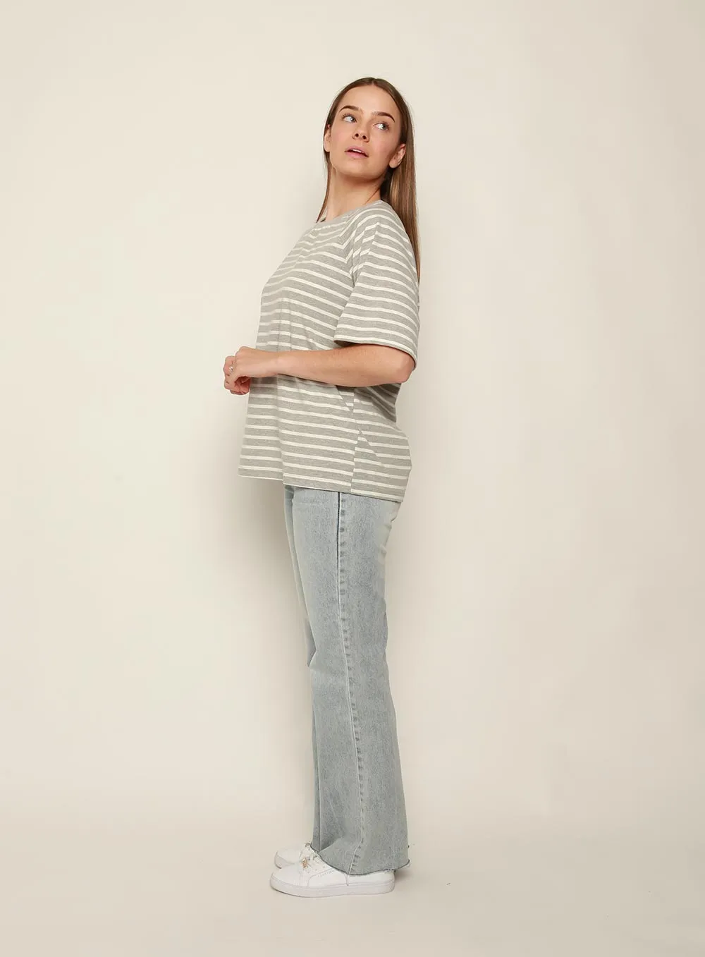 Selina Stripe T-shirt-White-Grey