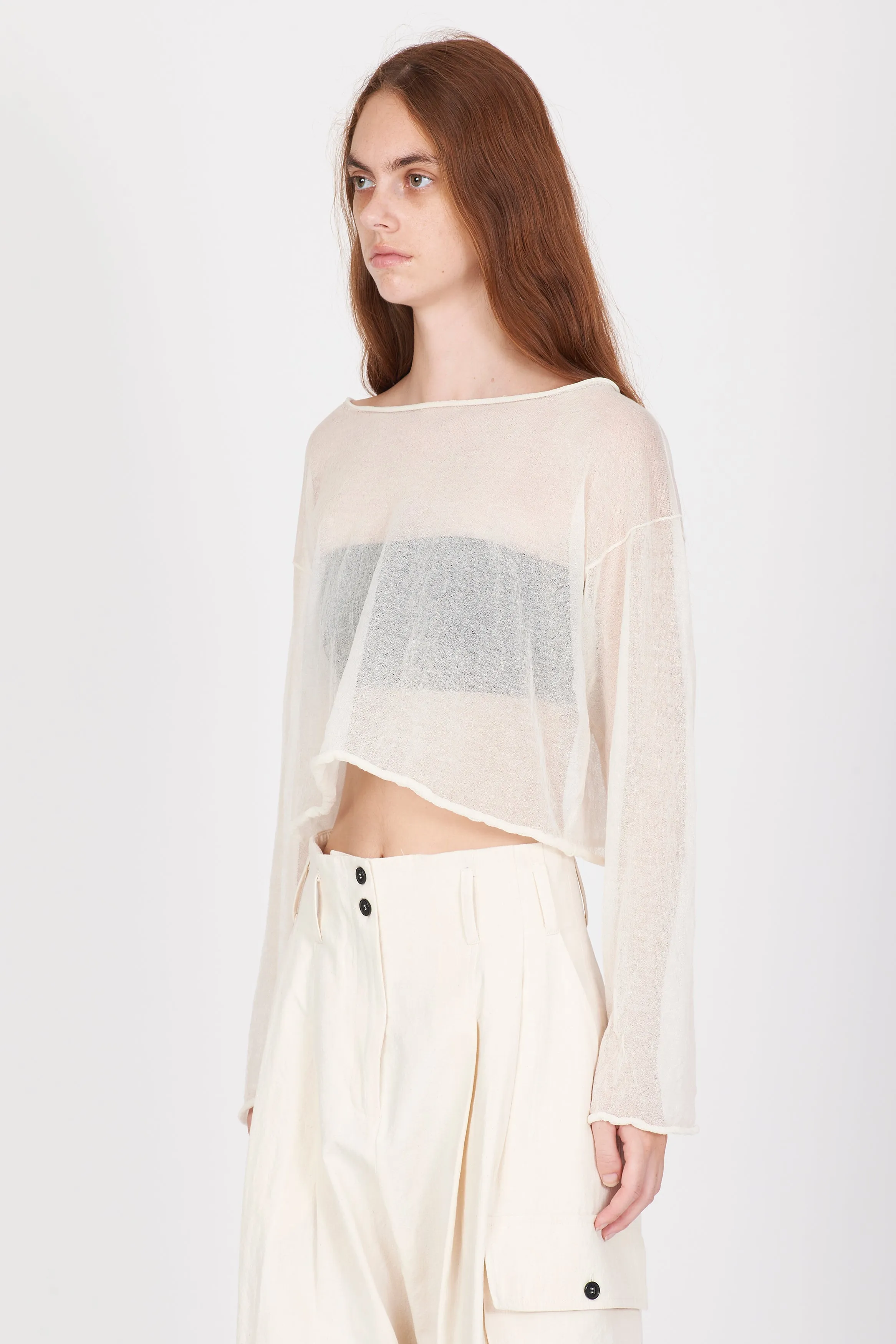 Semi-Sheer Cotton Knit Top - Cream White