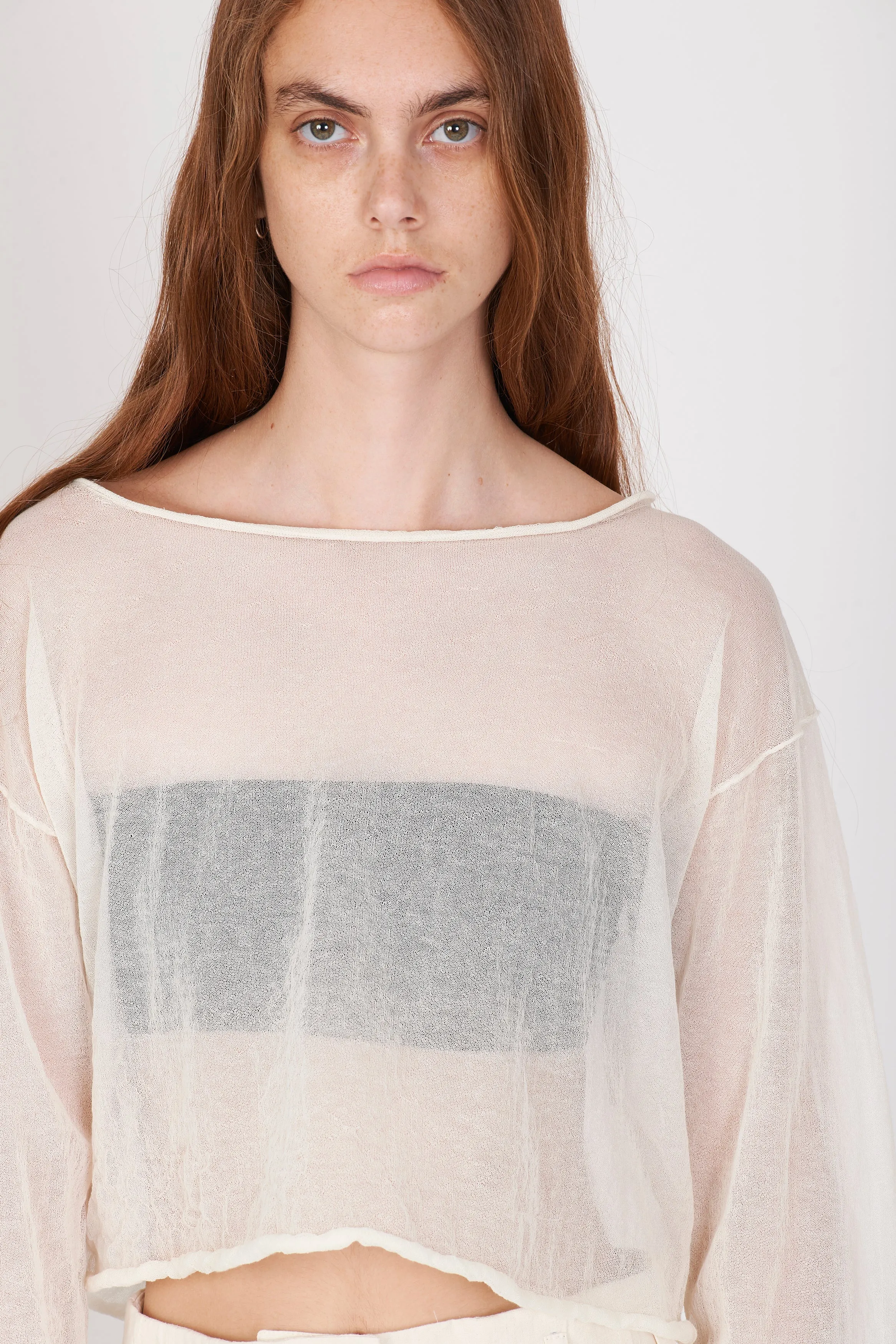 Semi-Sheer Cotton Knit Top - Cream White