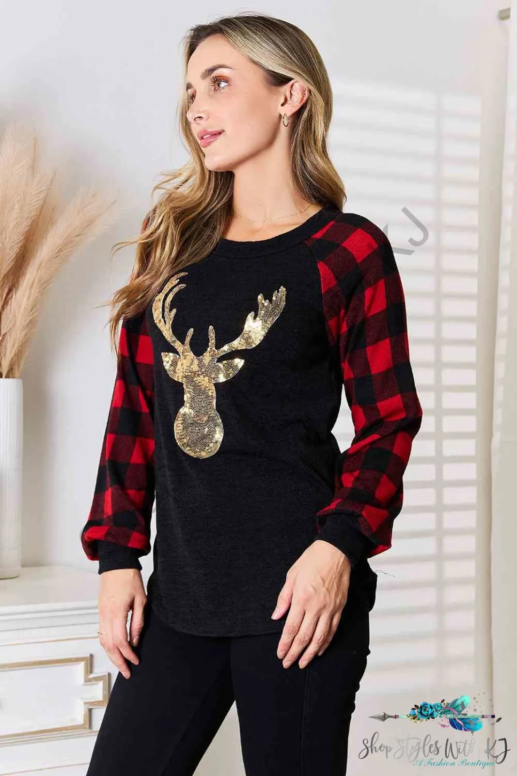 Sequin Reindeer Graphic Plaid Top