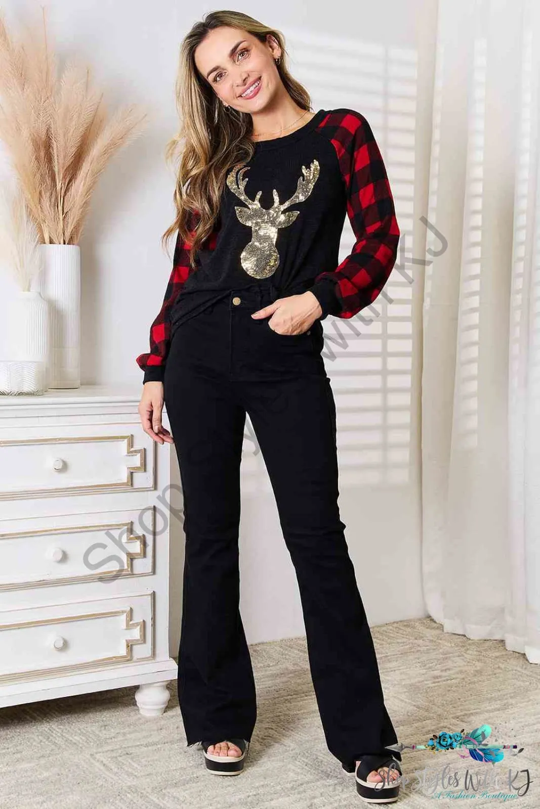 Sequin Reindeer Graphic Plaid Top