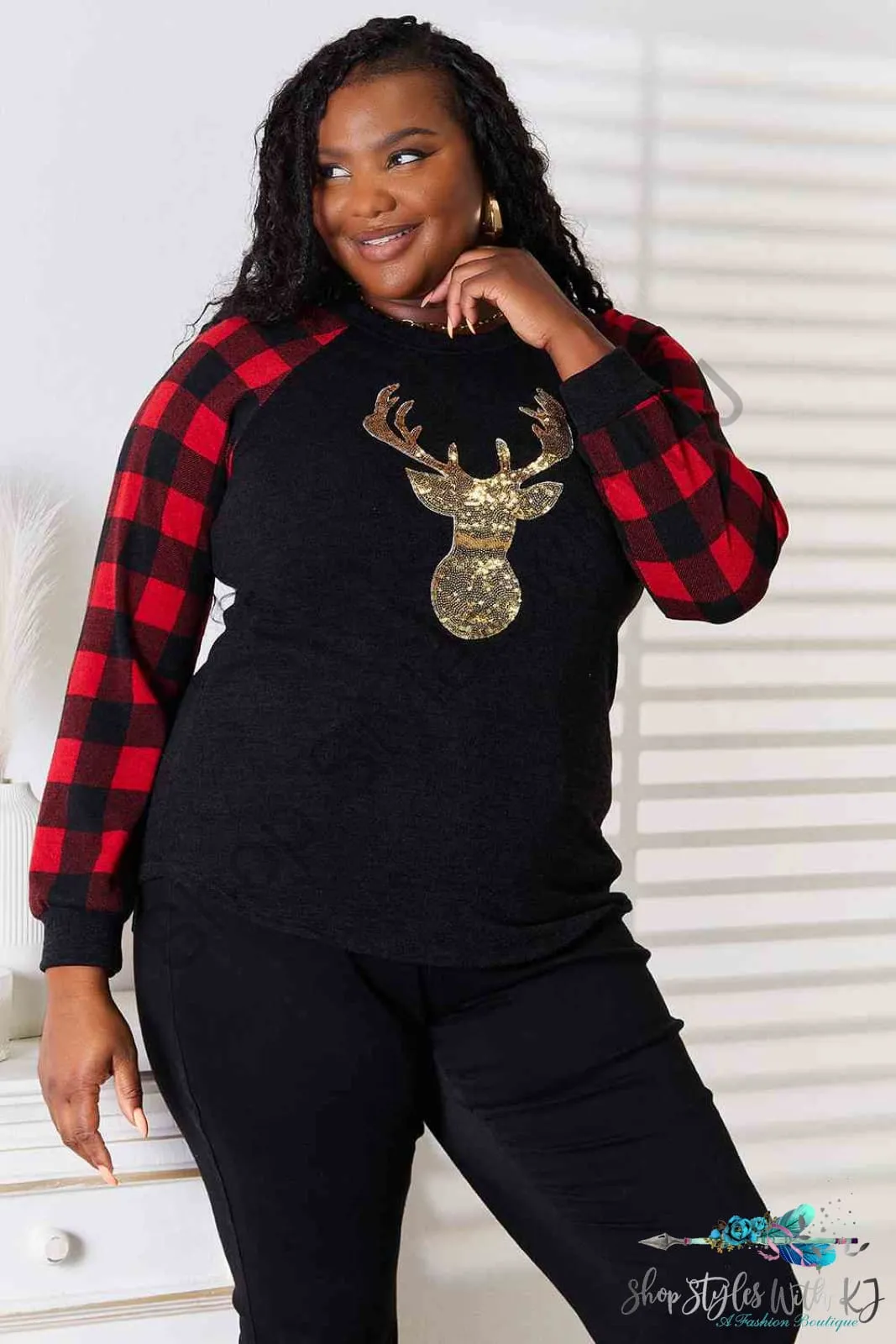 Sequin Reindeer Graphic Plaid Top