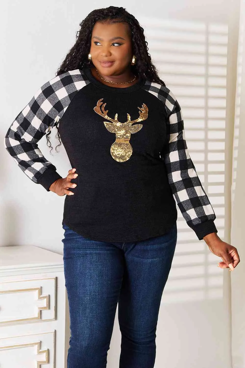 Sequin Reindeer Graphic Plaid Top